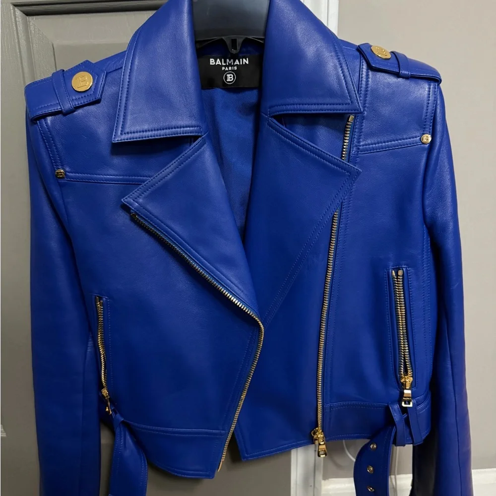 Balmain Royal Blue Leather Jacket with Gold Details - Picture 2 of 8